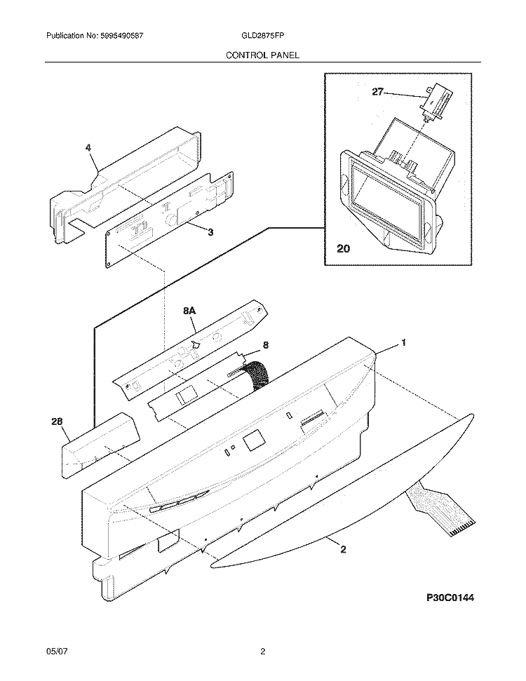 CONTROL PANEL Diagram and Parts List for GLD2875FPB0  Frigidaire Dishwasher