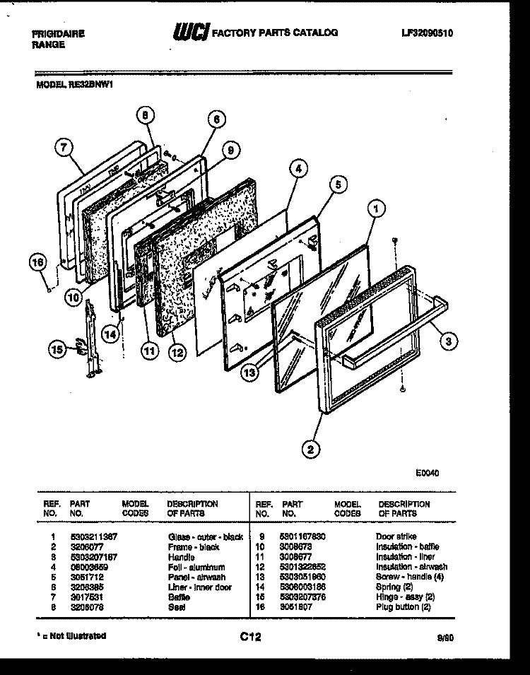 DOOR PARTS Diagram and Parts List for RE32BNW1  Frigidaire Range
