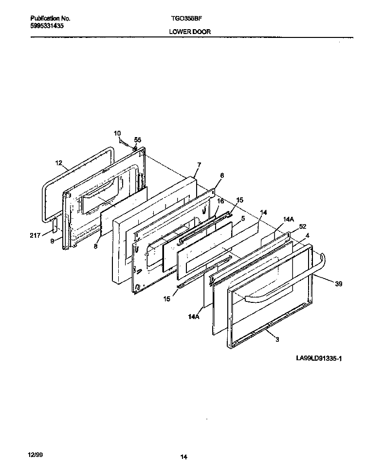LOWER DOOR Diagram and Parts List for TGO356BFW4  Frigidaire Range