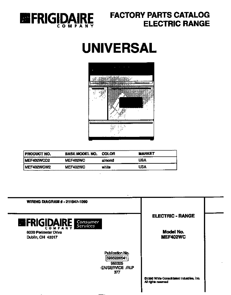COVER Diagram and Parts List for MEF402WCD2  Frigidaire Range