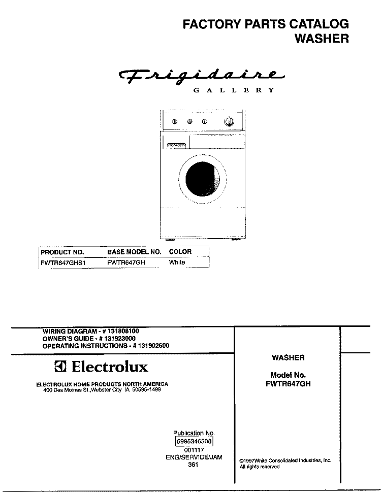 COVER Diagram and Parts List for FWTR647GHS1  Frigidaire Washer