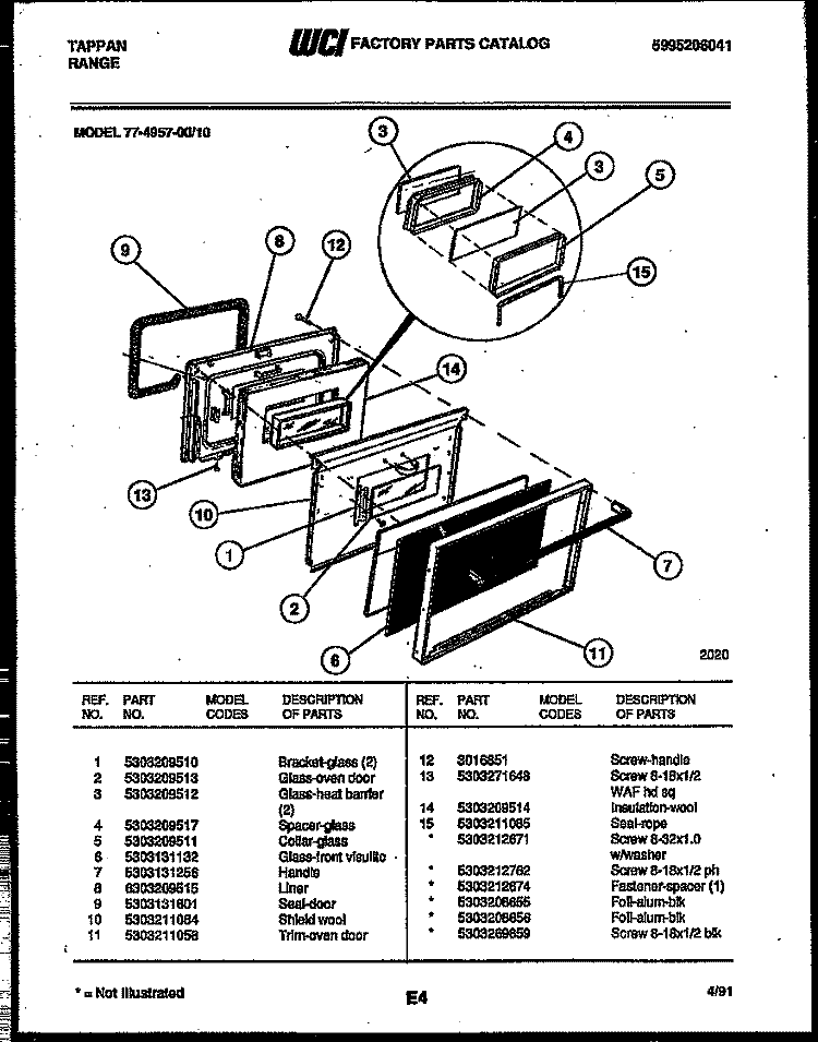LOWER OVEN DOOR PARTS Diagram and Parts List for 77-4957-32-10  Tappan Range