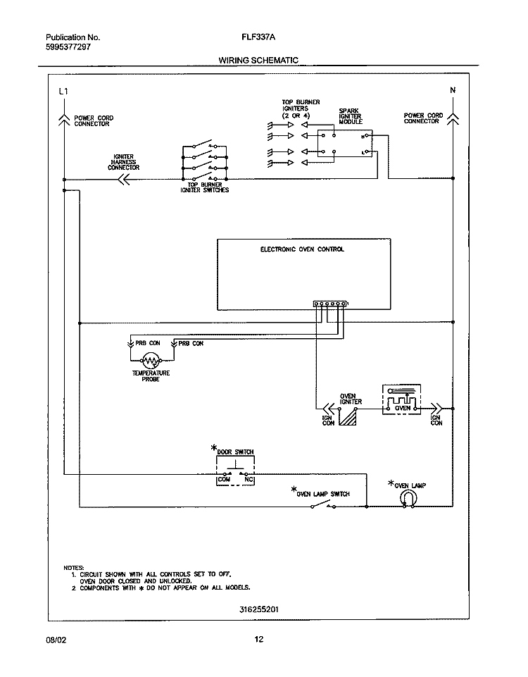 WIRING SCHEMATIC Diagram and Parts List for FLF337AWB  Frigidaire Range