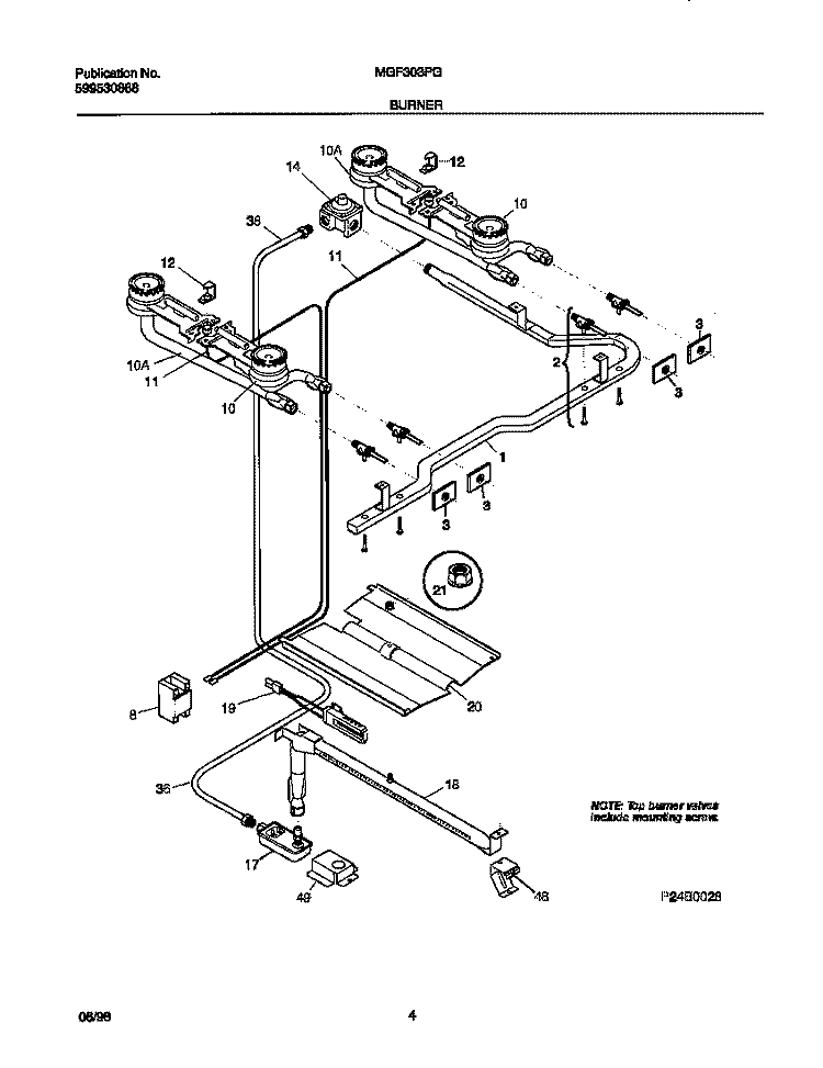 BURNER Diagram and Parts List for MGF303PGDA  Frigidaire Range