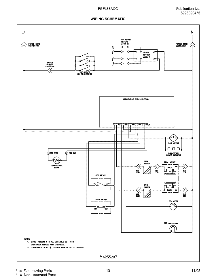 WIRING SCHEMATIC Diagram and Parts List for FGFL88ACC  Frigidaire Range