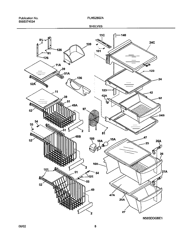 SHELVES Diagram and Parts List for PLHS280ZAB3  Frigidaire Refrigerator