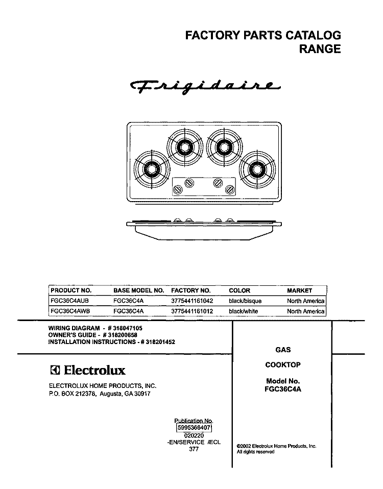 COVER Diagram and Parts List for FGC36C4AWB  Frigidaire Cooktop