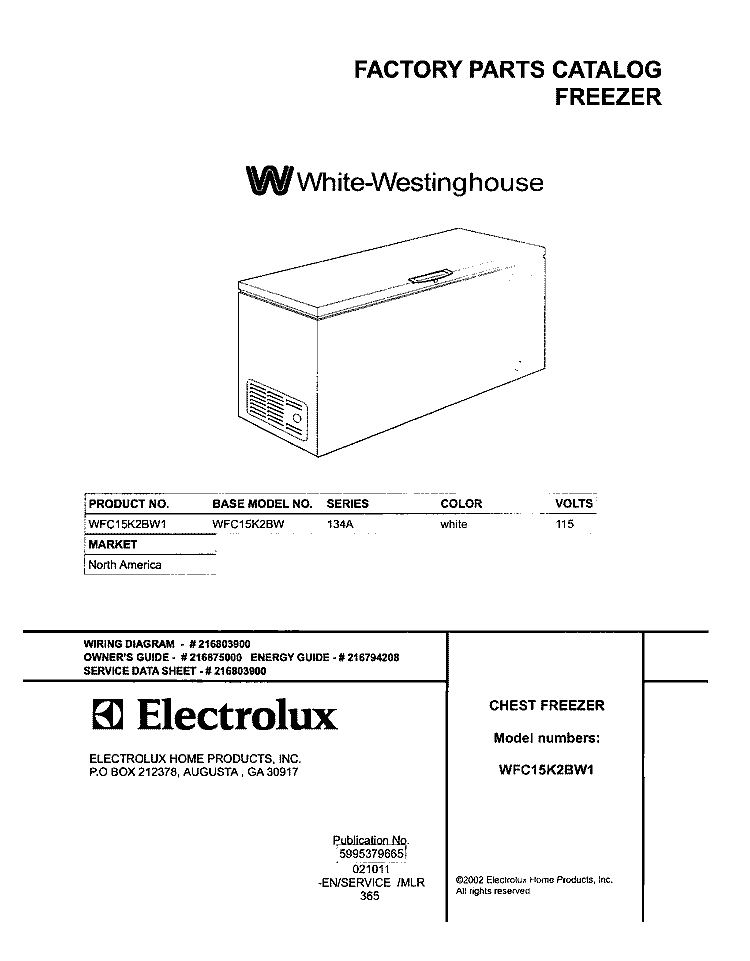 COVER Diagram and Parts List for WFC15K2BW1  Westinghouse Freezer