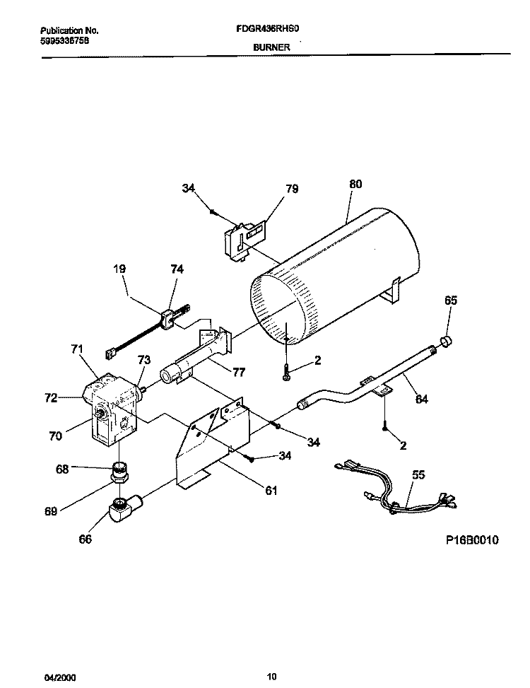 P16B0010 BURNER, VALVE Diagram and Parts List for FDGR436RHS0  Frigidaire Dryer
