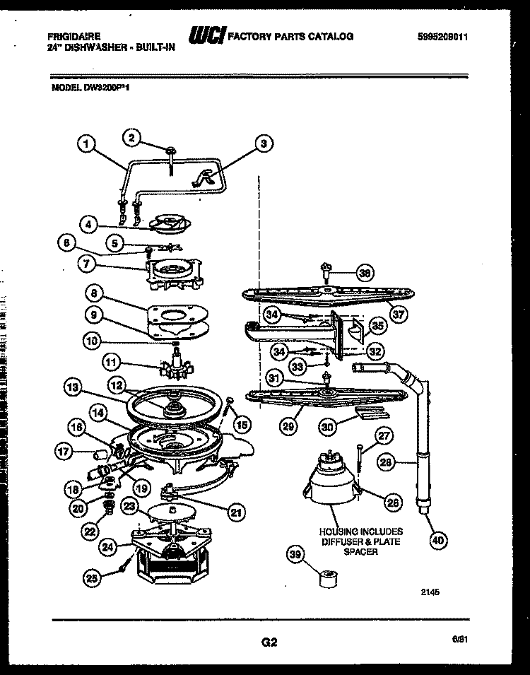 MOTOR PUMP PARTS Diagram and Parts List for DW3200PW1  Frigidaire Dishwasher
