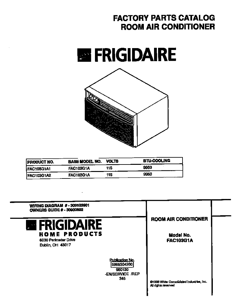 COVER Diagram and Parts List for FAC103G1A1  Frigidaire Air Conditioner