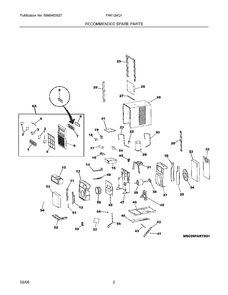 RECOMMENDED SPARE PARTS Diagram and Parts List for FAK104Q1V1  Frigidaire Air Conditioner