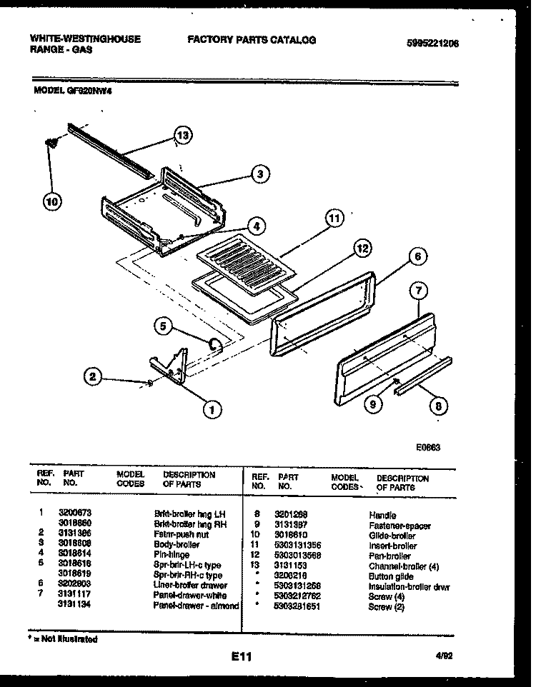 BROILER DRAWER PARTS Diagram and Parts List for GF620ND4  Frigidaire Range