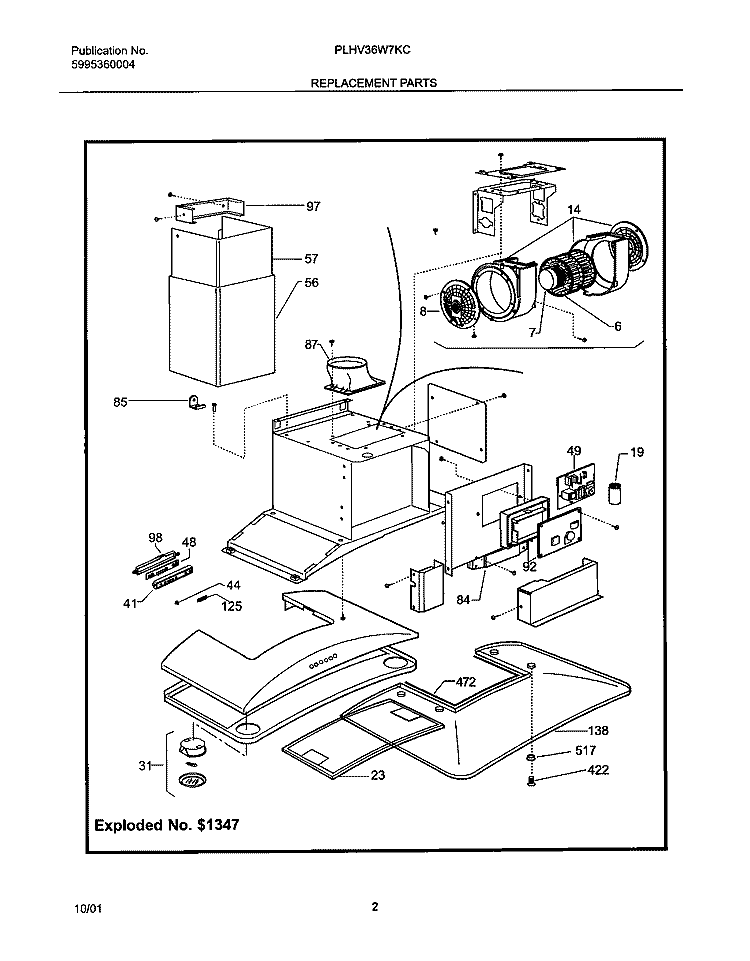 REPLACEMENT PARTS Diagram and Parts List for PLHV36W7KC  Frigidaire Range Hood