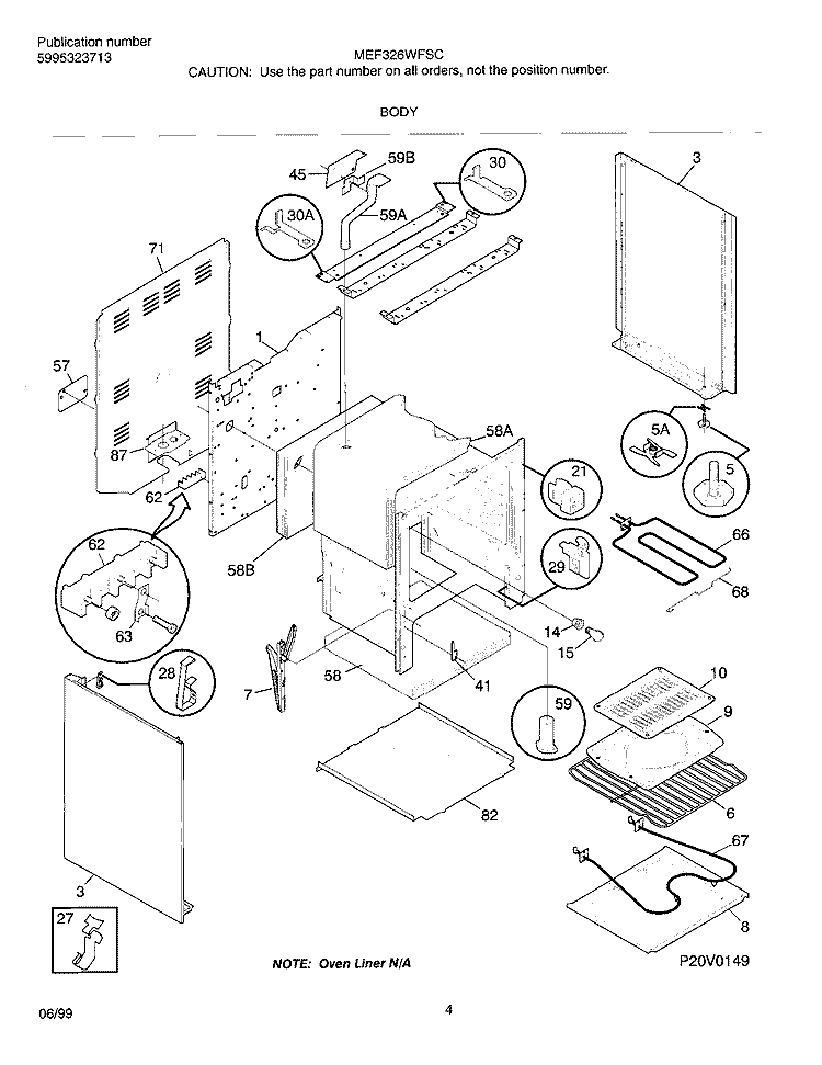 BODY Diagram and Parts List for MEF326WFSC  Frigidaire Range