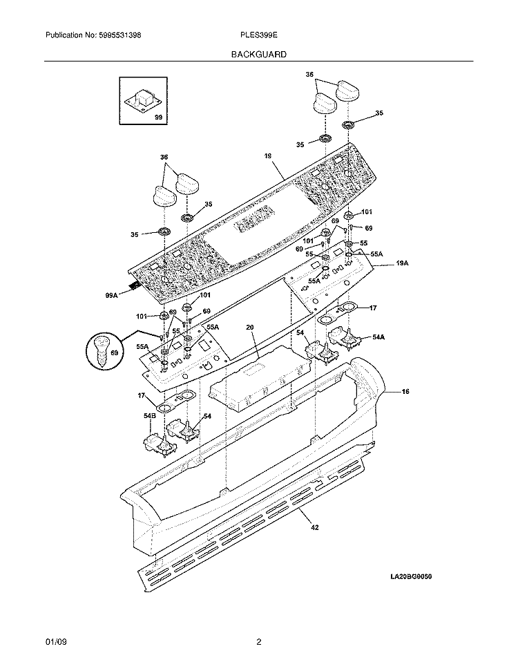 BACKGUARD Diagram and Parts List for PLES399ECH  Frigidaire Range