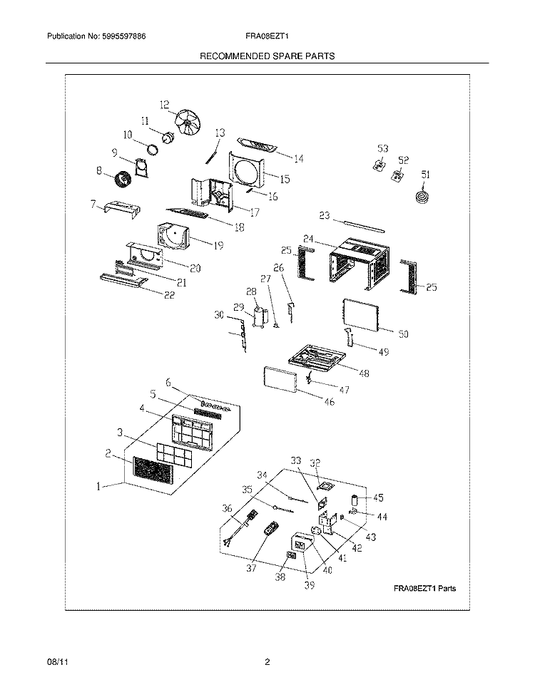 RECOMMENDED SPARE PARTS Diagram and Parts List for FRA08EZT110  Frigidaire Air Conditioner