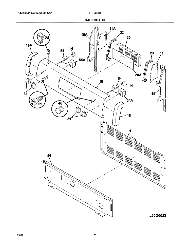 BACKGUARD Diagram and Parts List for FEF365BUE  Frigidaire Range