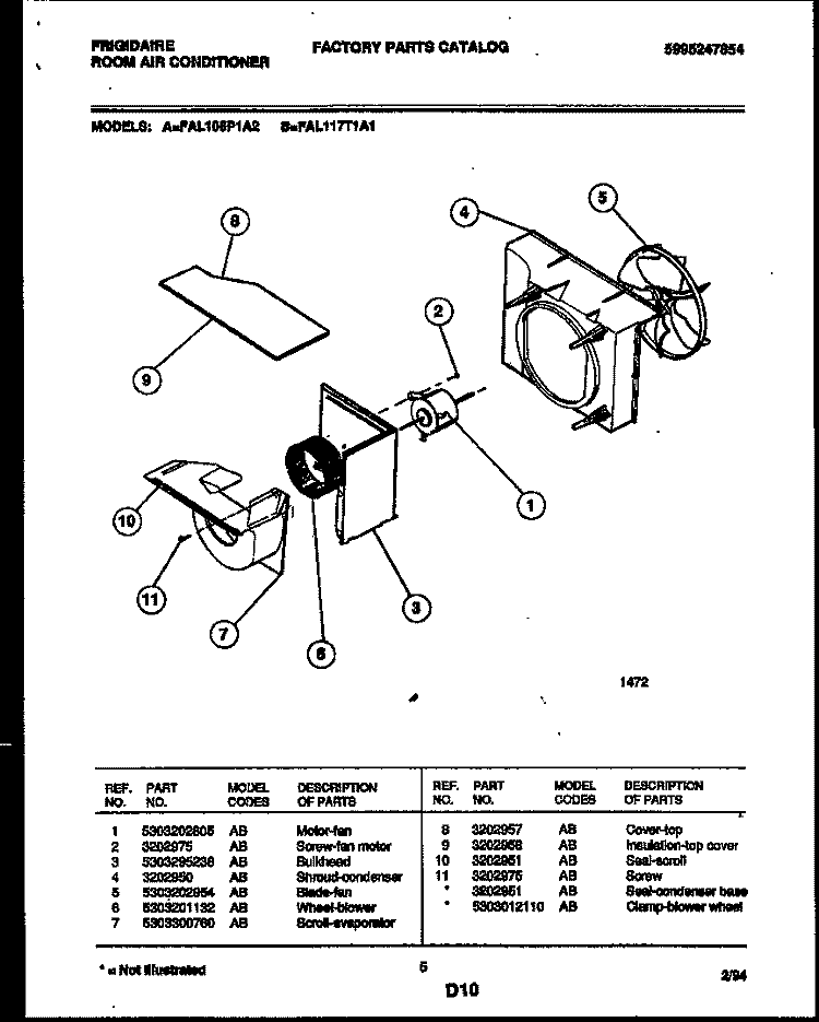 AIR HANDLING PARTS Diagram and Parts List for FAL117T1A1  Frigidaire Air Conditioner