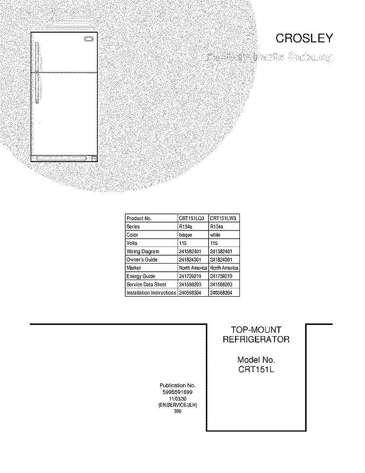 COVER Diagram and Parts List for CRT151LQ3  Crosley Refrigerator