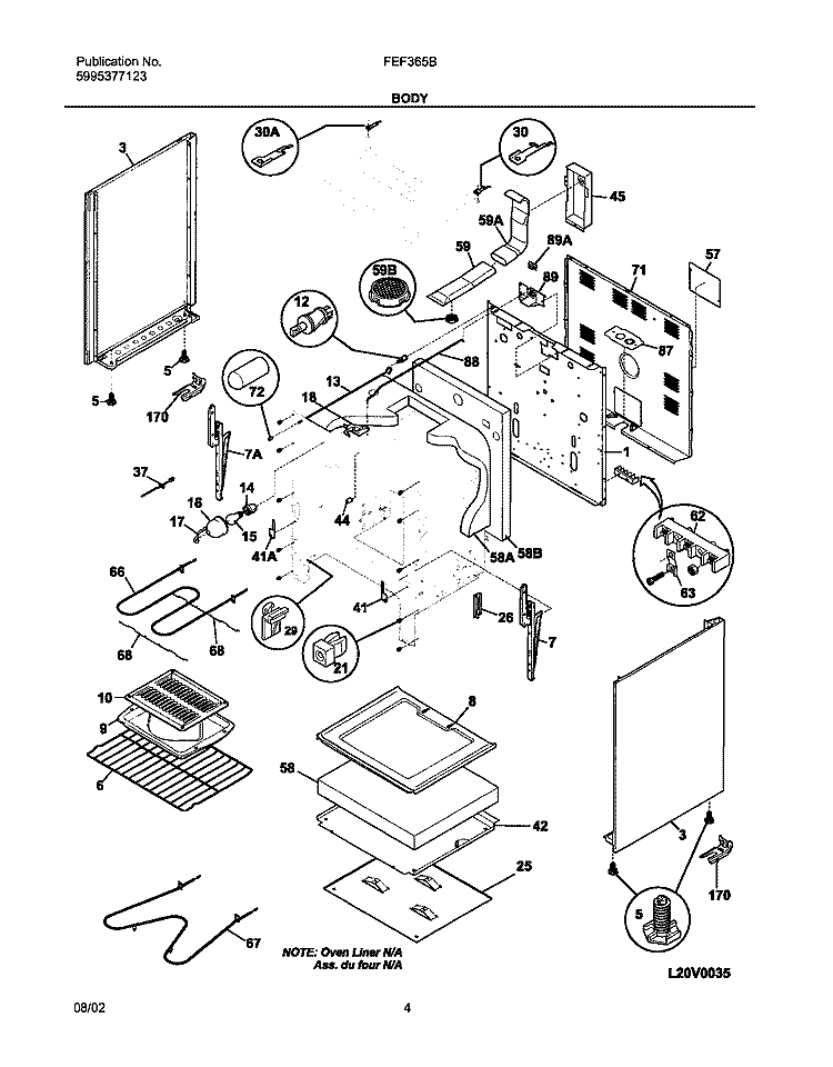 BODY Diagram and Parts List for FEF365BUA  Frigidaire Range