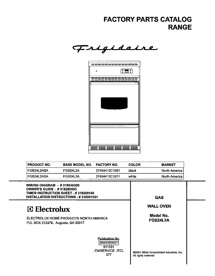 COVER Diagram and Parts List for FGB24L2ABA  Frigidaire Wall Oven