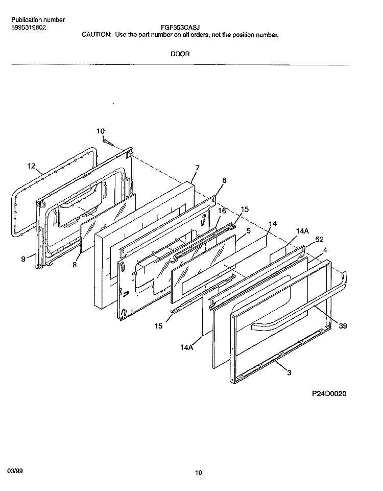 DOOR Diagram and Parts List for FGF353CASJ  Frigidaire Range