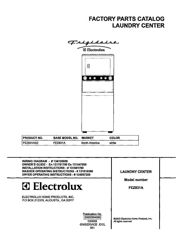 COVER Diagram and Parts List for FEZ831AS2  Frigidaire Washer Dryer Combo