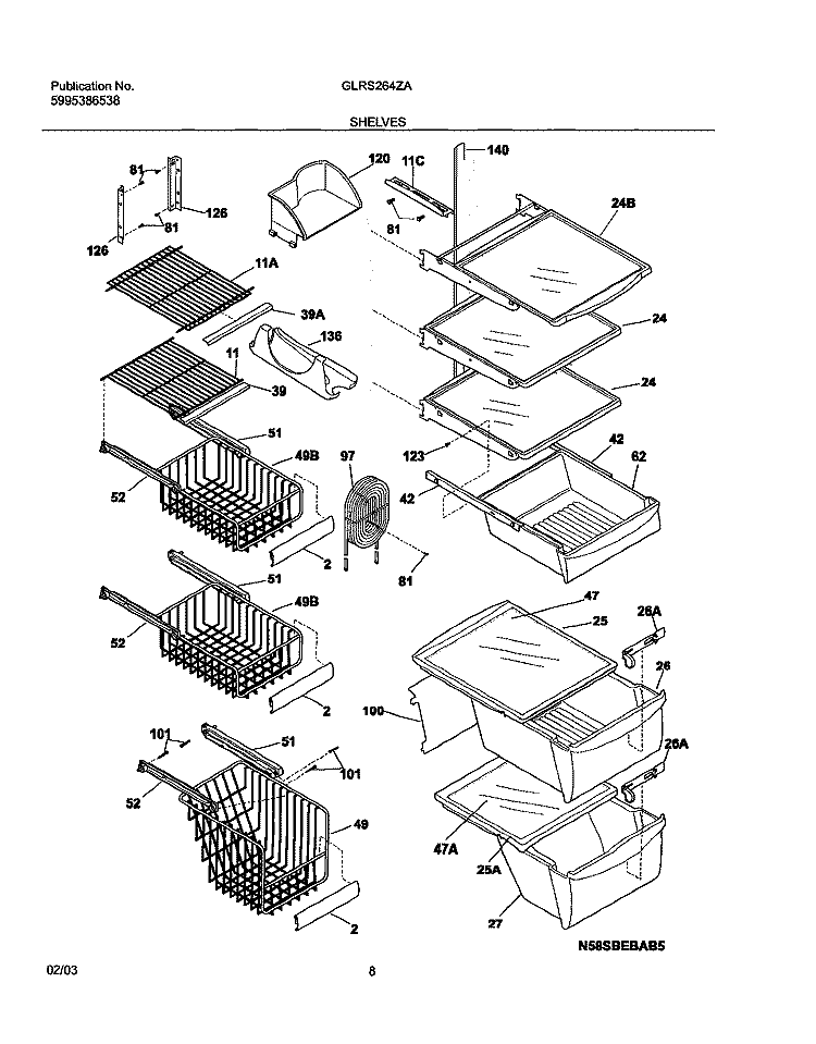 SHELVES Diagram and Parts List for GLRS264ZAW6  Frigidaire Refrigerator