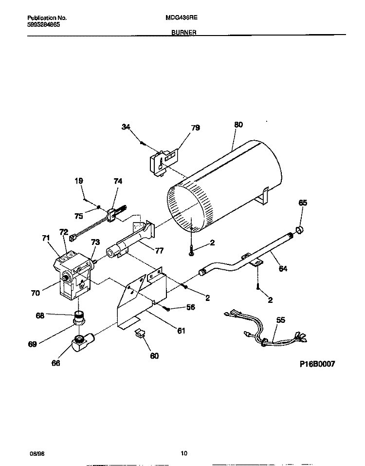 BURNER Diagram and Parts List for MDG436RED0  Frigidaire Dryer
