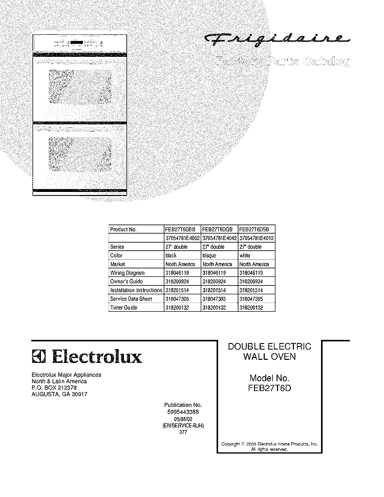 COVER Diagram and Parts List for FEB27T6DQB  Frigidaire Wall Oven