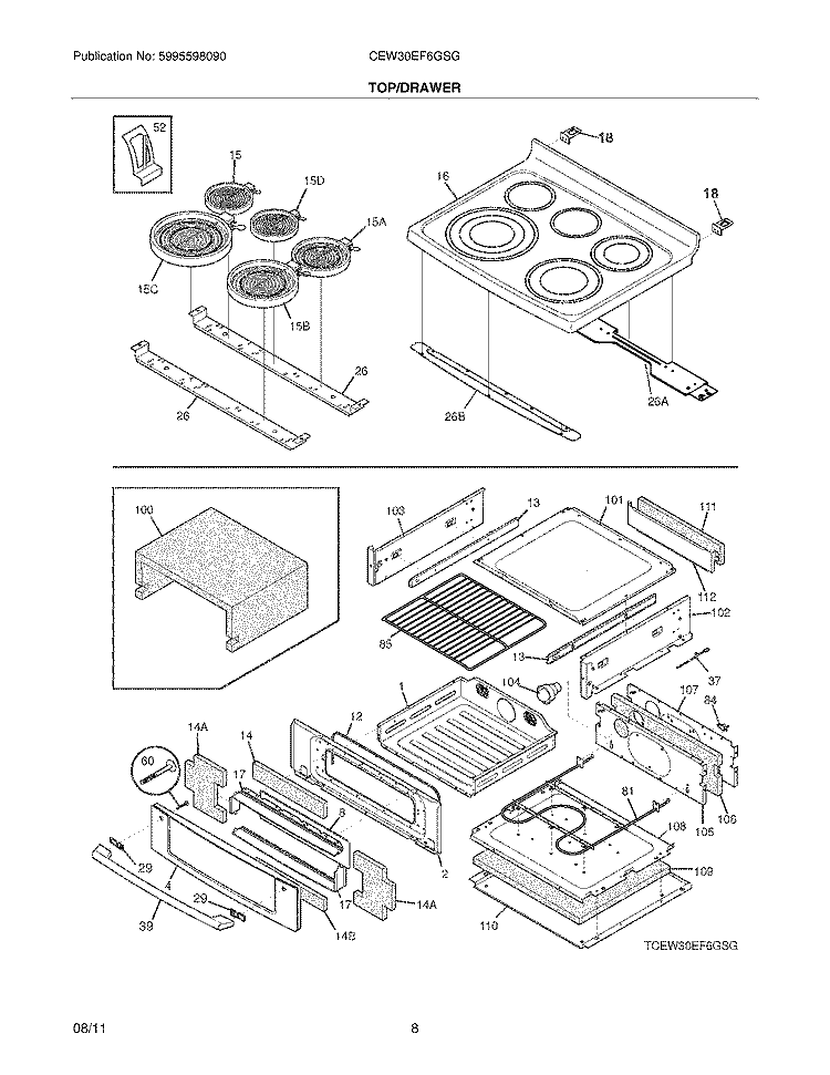 TOP/DRAWER Diagram and Parts List for CEW30EF6GSG  Electrolux Range