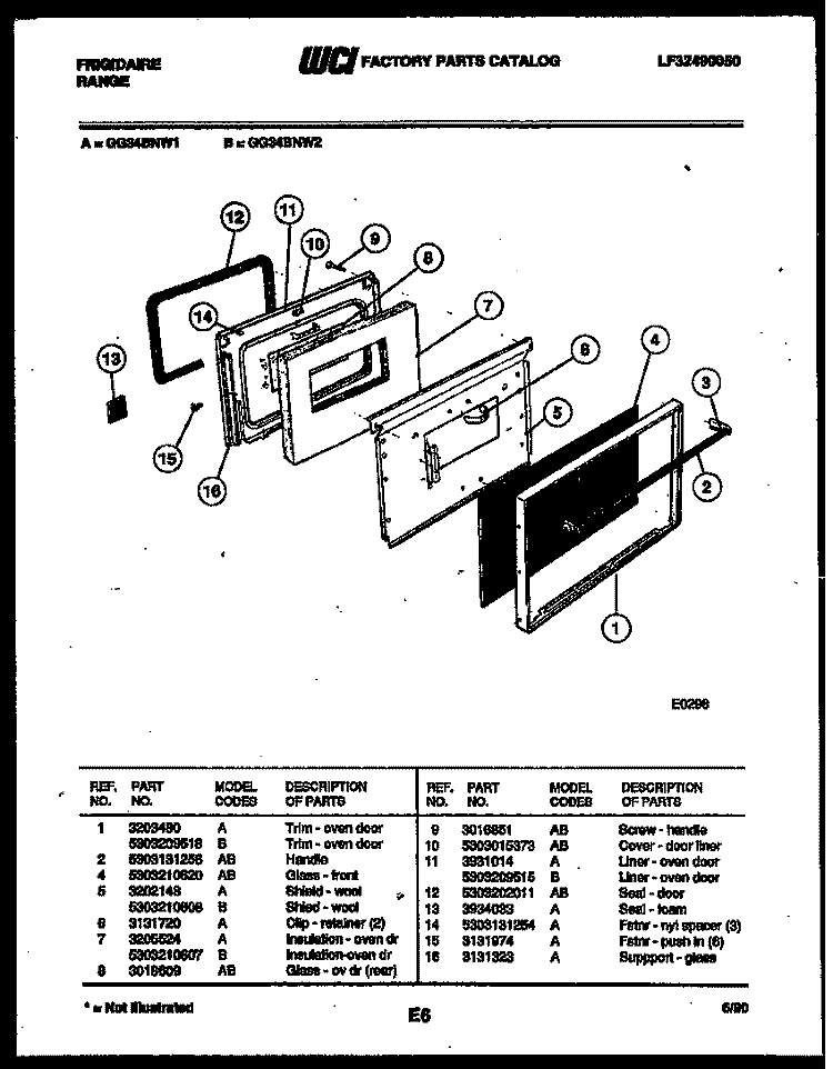 DOOR PARTS Diagram and Parts List for GG34BNL1  Frigidaire Range