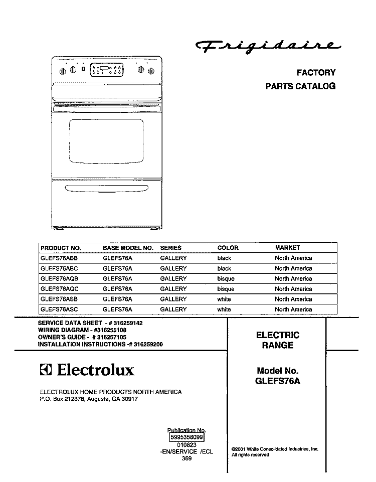 COVER Diagram and Parts List for GLEFS76AQC  Frigidaire Range