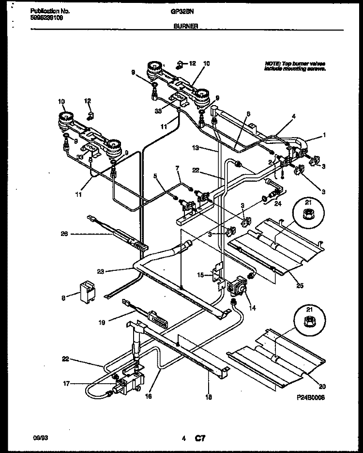 BURNER, MANIFOLD AND GAS CONTROL Diagram and Parts List for GP32BNL7  Frigidaire Range