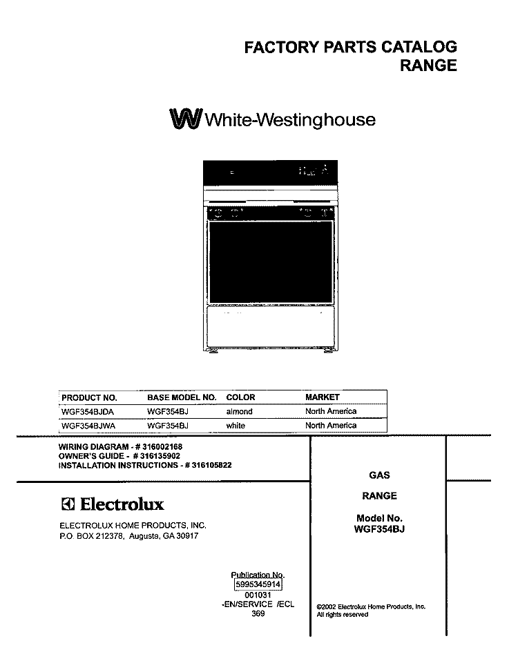 COVER Diagram and Parts List for WGF354BJDA  Westinghouse Range