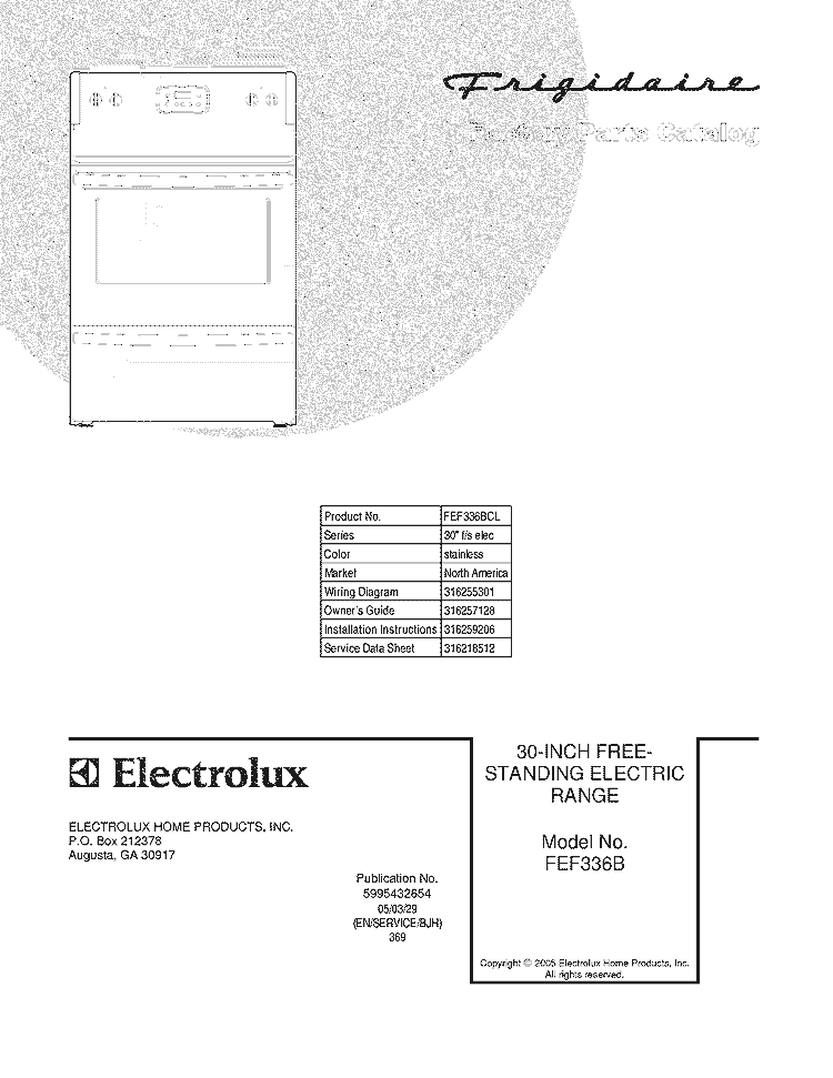 COVER Diagram and Parts List for FEF336BCL  Frigidaire Range