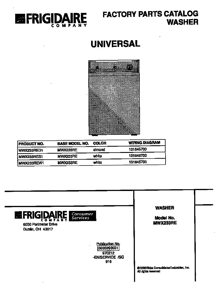 COVER Diagram and Parts List for MWX233REW1  Frigidaire Washer