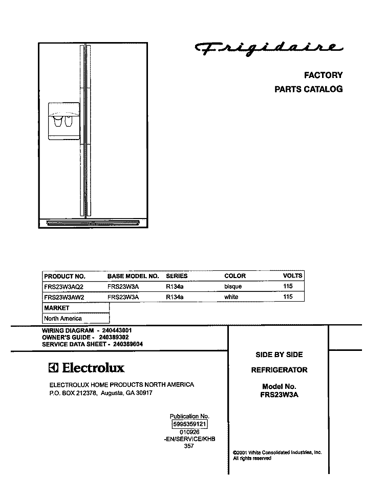 COVER Diagram and Parts List for FRS23W3AW2  Frigidaire Refrigerator