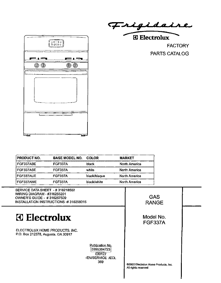 COVER Diagram and Parts List for FGF337ASE  Frigidaire Range