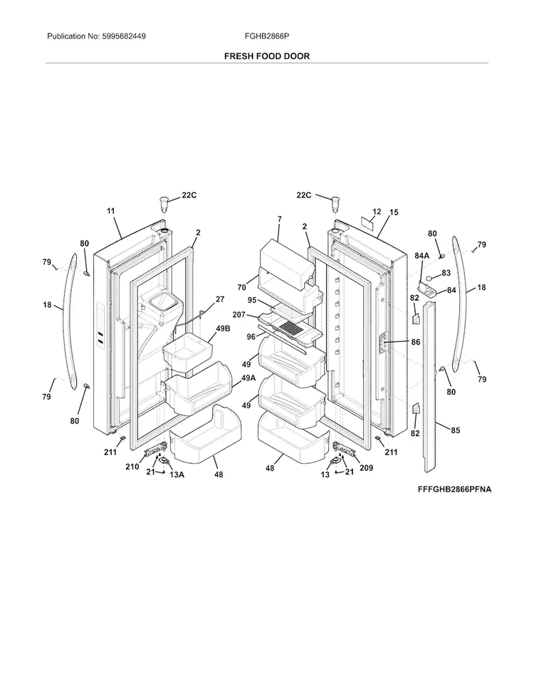 Fresh Food Doors Diagram and Parts List for FGHB2866PFNA  Frigidaire Refrigerator