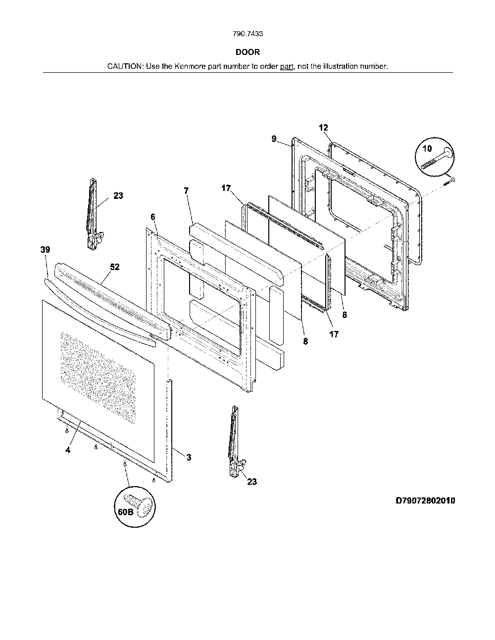 Door Diagram and Parts List for 79074332314  Kenmore Range