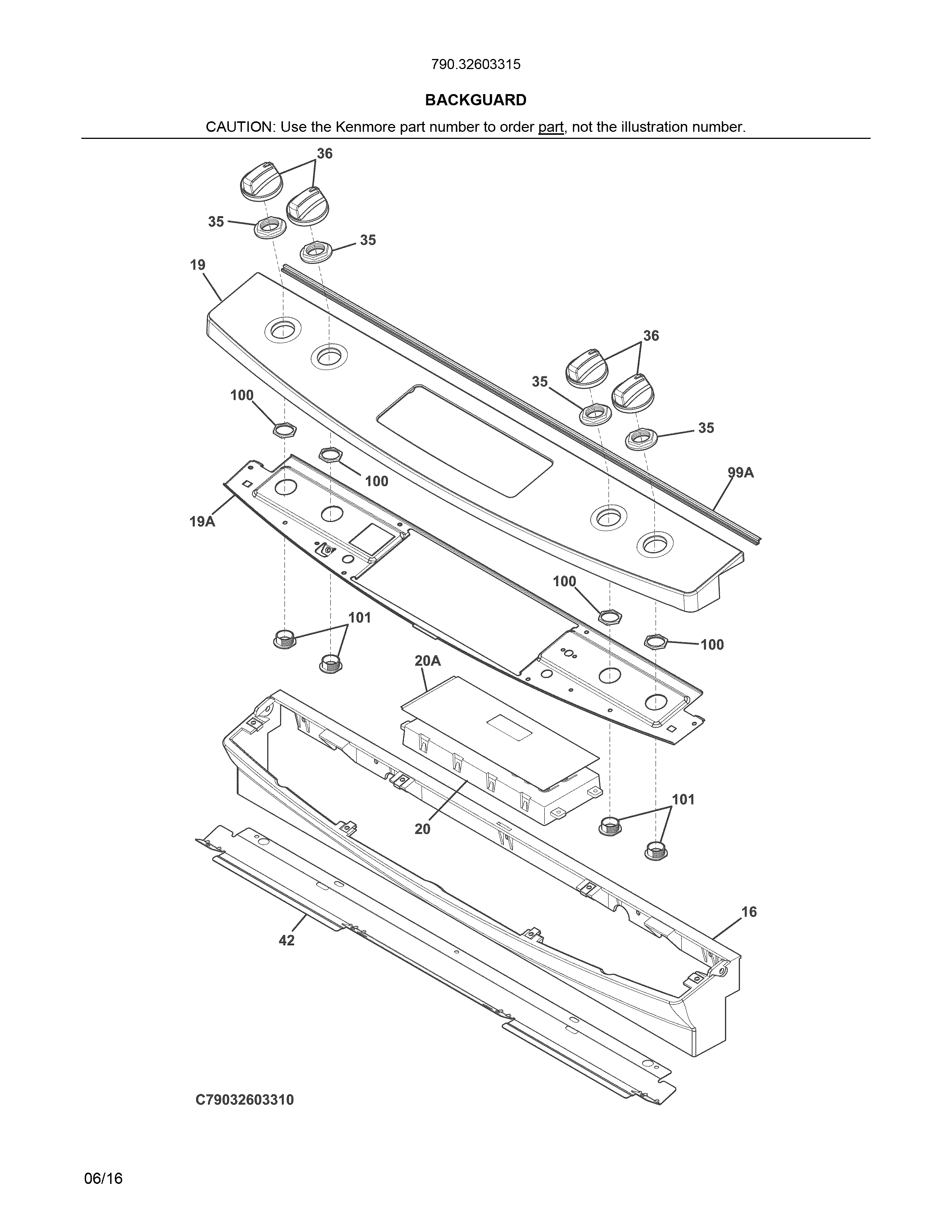 Backguard Diagram and Parts List for 79032603315  Kenmore Range