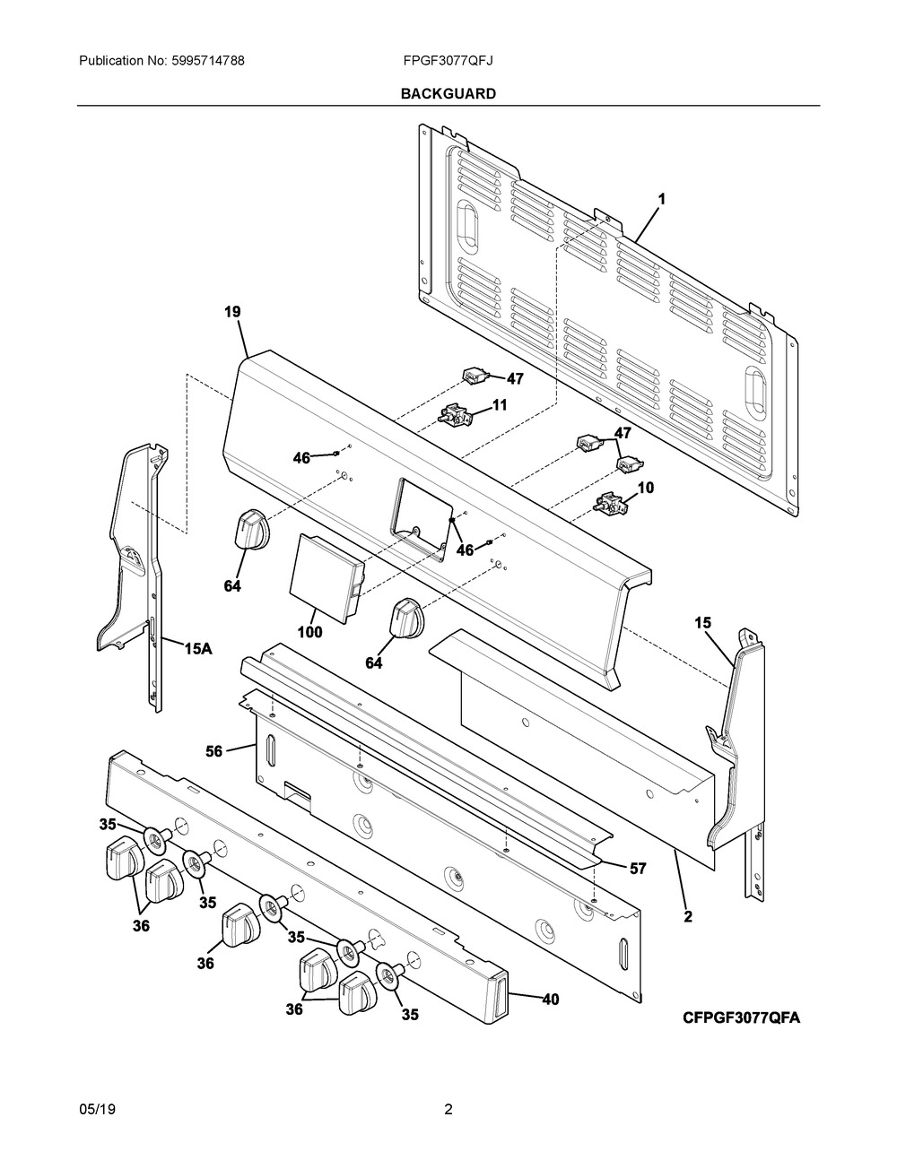 Backguard Diagram and Parts List for FPGF3077QFJ  Frigidaire Range