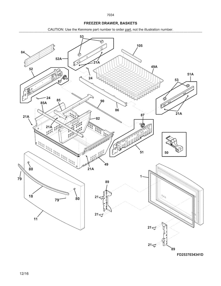 Freezer Drawer, Baskets Diagram and Parts List for 2537034241D  Kenmore Refrigerator