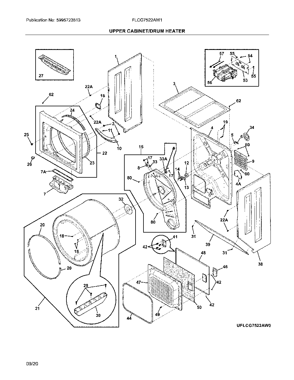 Upper cabinet/drum heater Diagram and Parts List for FLCG7522AW1  Frigidaire Washer Dryer Combo