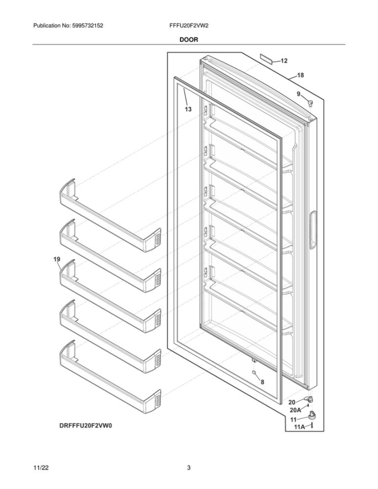 Door 2 Diagram and Parts List for FFFU20F2VW2  Frigidaire Freezer