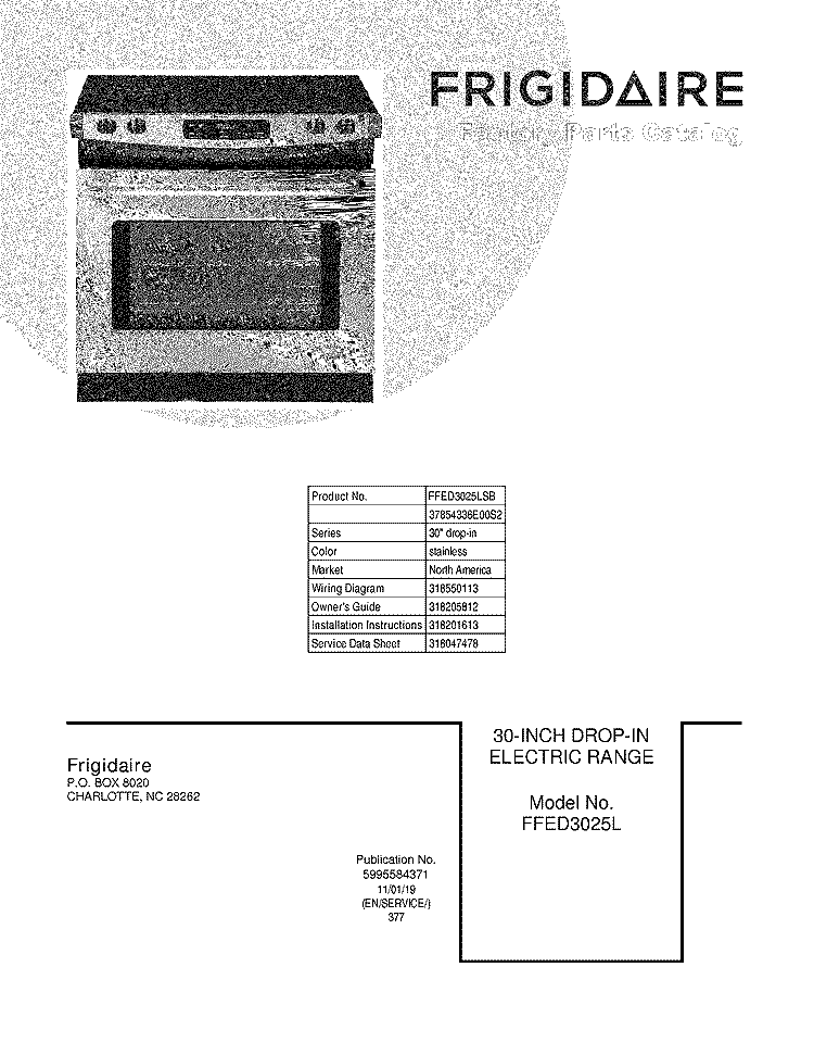 COVER Diagram and Parts List for FFED3025LSB  Frigidaire Wall Oven