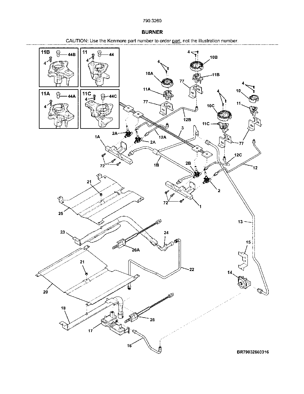 Burner Diagram and Parts List for 79032602318  Kenmore Range