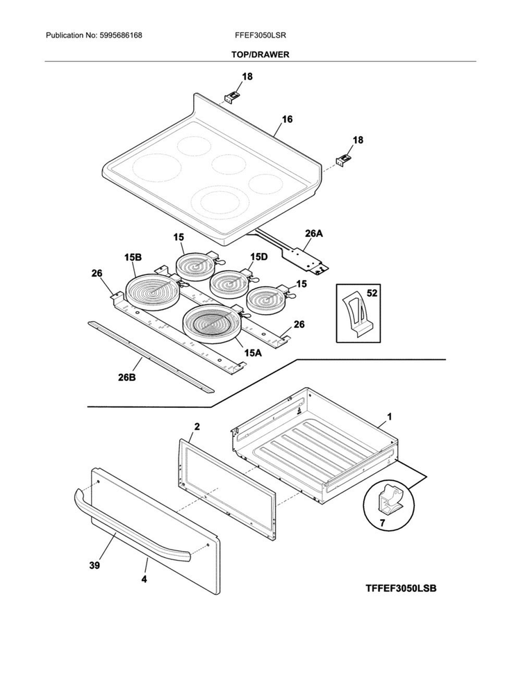 Top/drawer Diagram and Parts List for FFEF3050LSR  Frigidaire Range